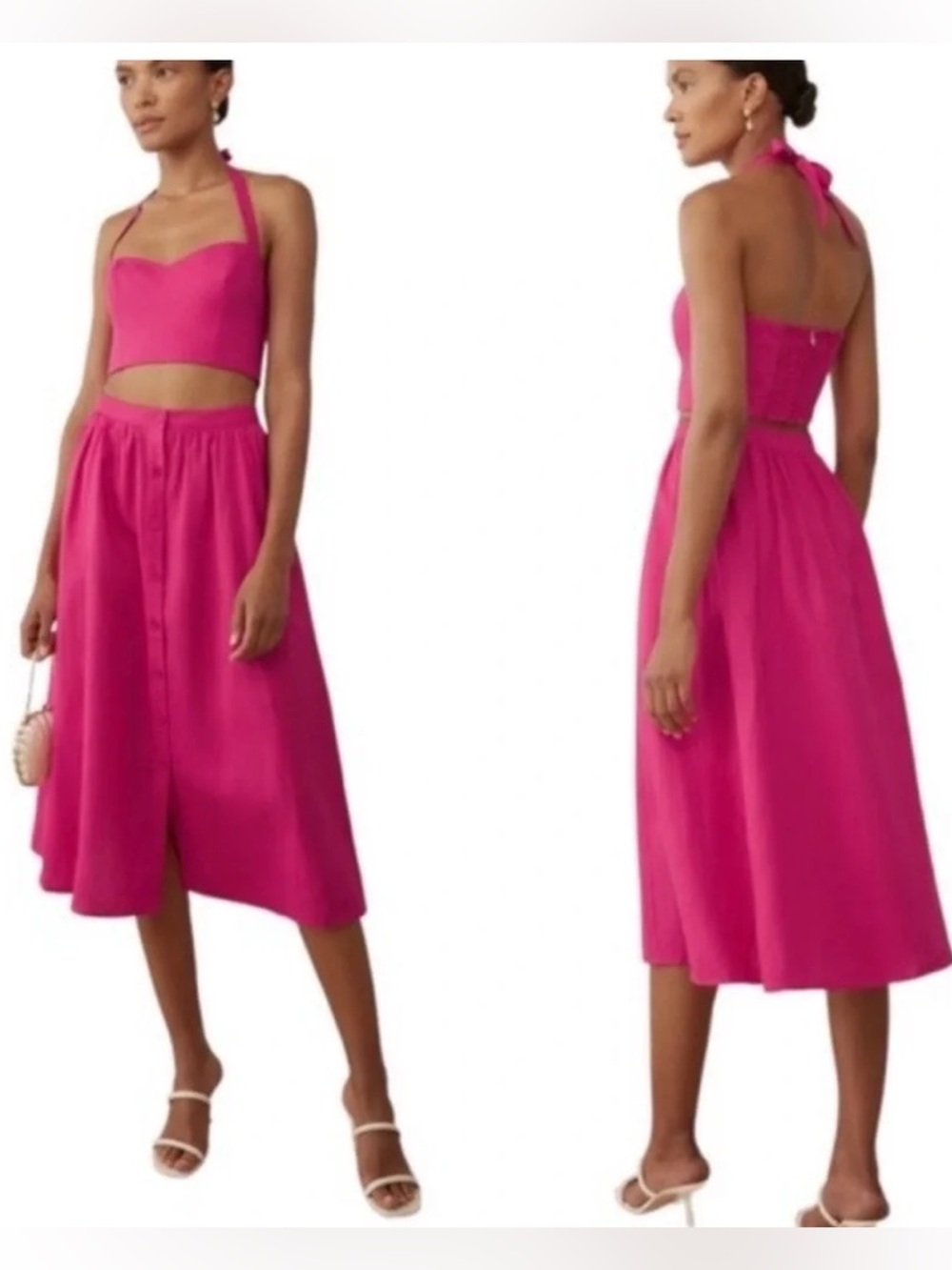 New! Reformation Linen Hot Pink 2pc set skirt & top size 6